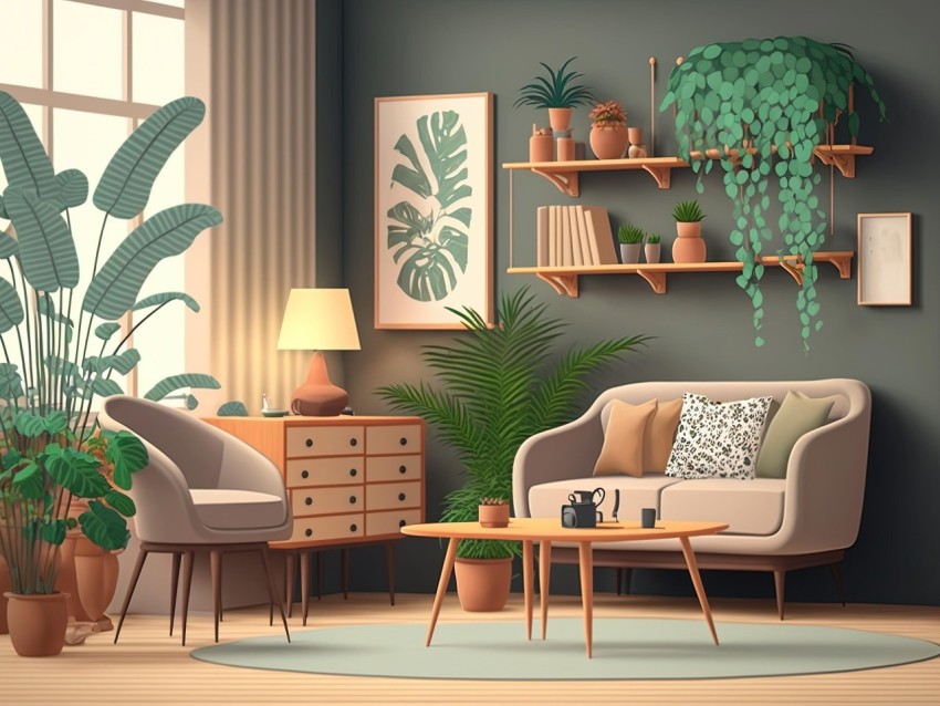 Cozy Living Room with Potted Plants in Cartoon Style | Art Deco Design