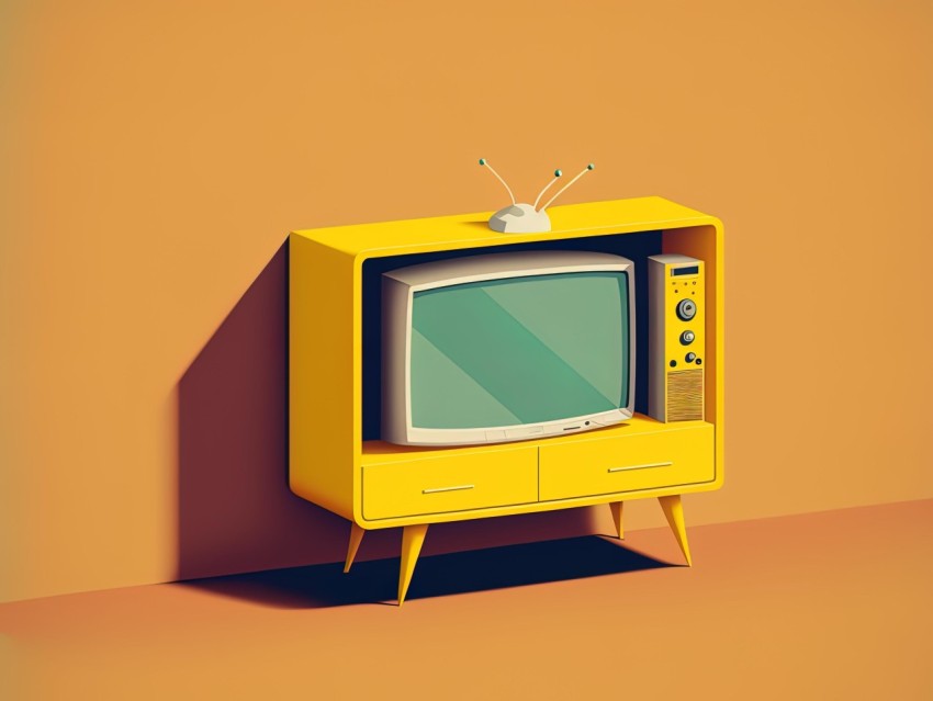 Vintage Retro-Futuristic Yellow TV on Orange Wall