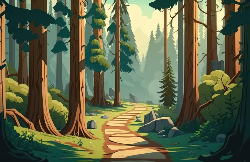 Whimsical Forest Path Illustration with Cartoon Realism