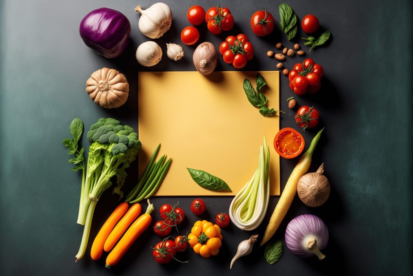 Fresh Vegetables Framing Yellow Paper on Dark Surface - Artistic Food Photography