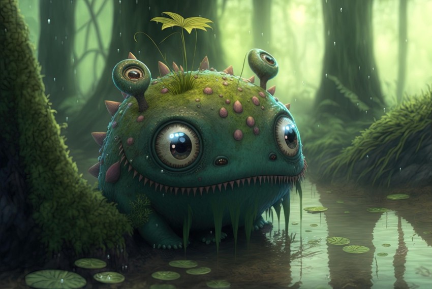 Realistic Monster in Forest | Surrealistic Elements | Light Cyan and Green