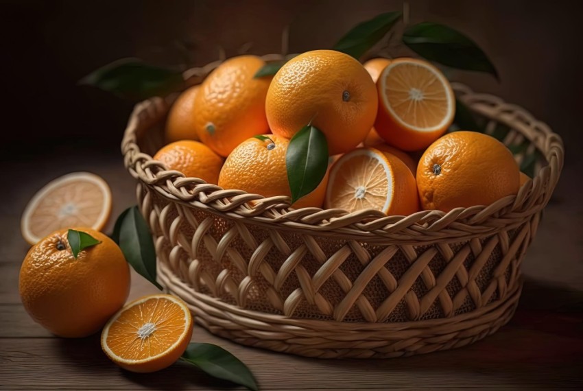 Vibrant Oranges in a Basket: A Realistic Still Life Composition