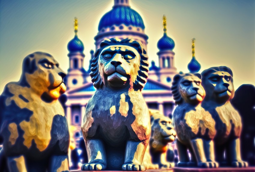 Lion Statues in Cross-Processed Cityscape | Architecture
