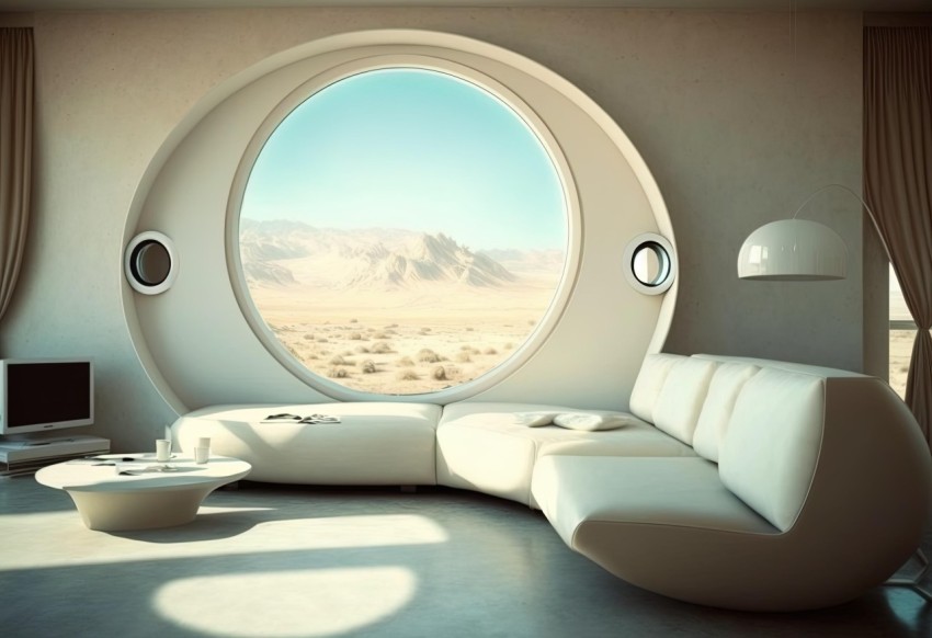 Futuristic Living Room with Circular Window and Desert View