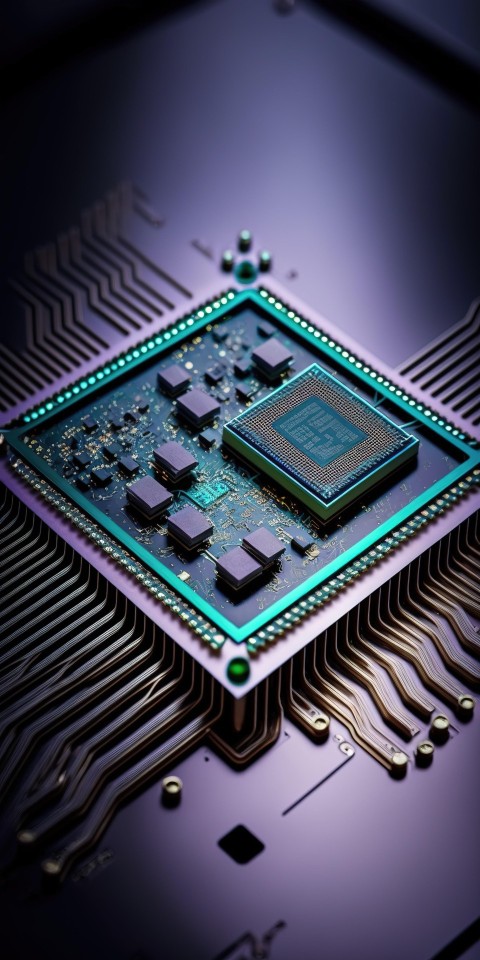 Digital CPU Close-Up: Hyperrealistic Rendering in Dark Violet and Emerald